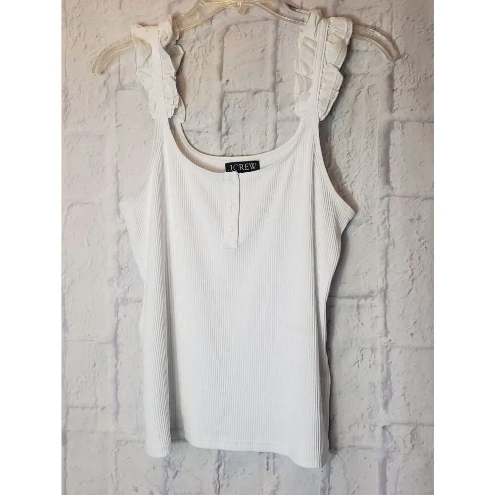 J. CREW White Ribbed Ruffle Tank Top Medium